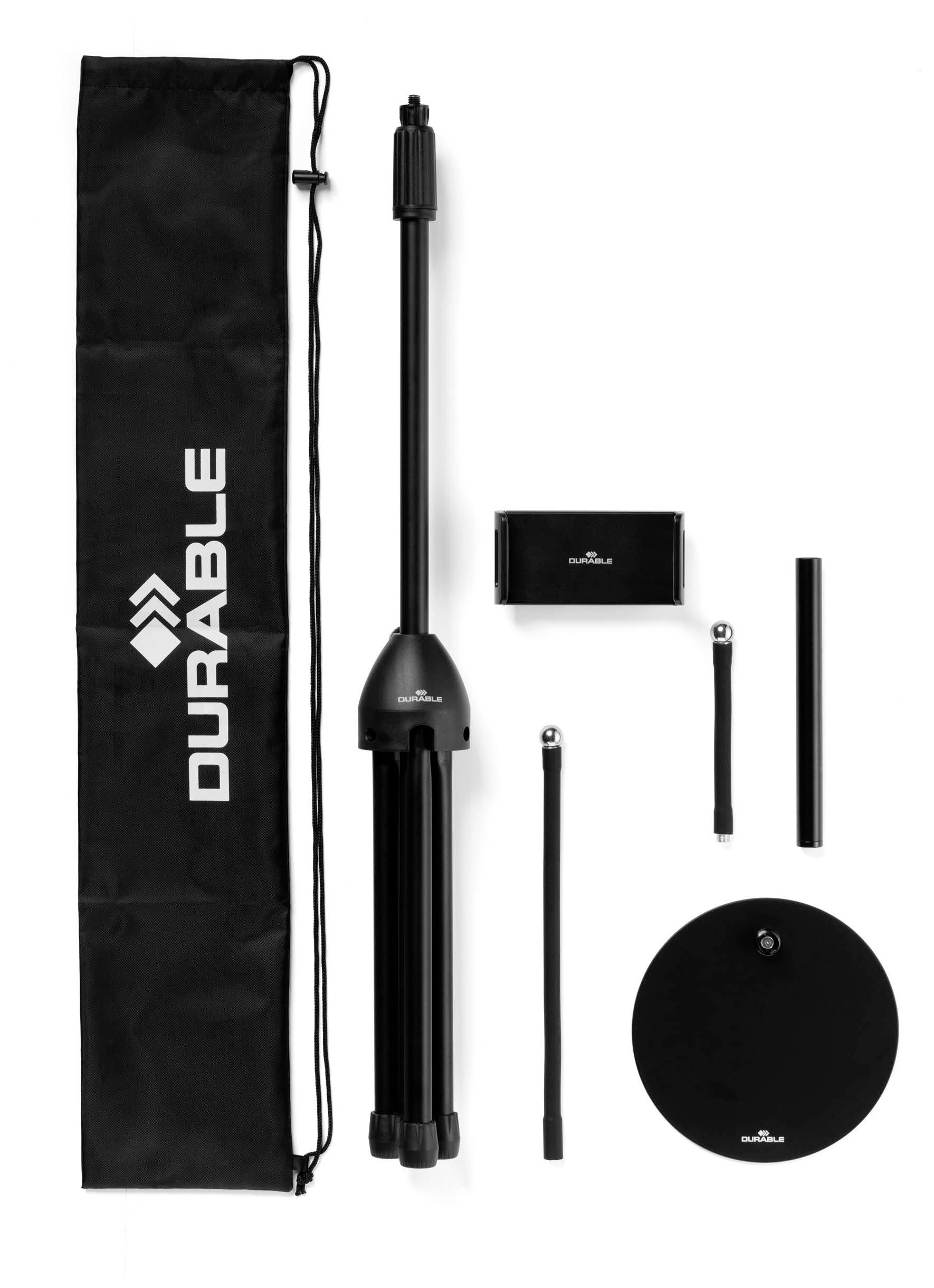 Set di treppiede con borsa. Include treppiede telescopico, base rotonda e supporto. Ideale per presentazioni e fotografia.