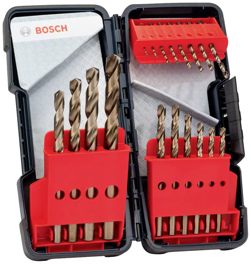 Un astuccio nero aperto con set di punte in supporti rossi. A sinistra punte più lunghe, a destra punte più corte. Logo 'Bosch' in alto a sinistra.