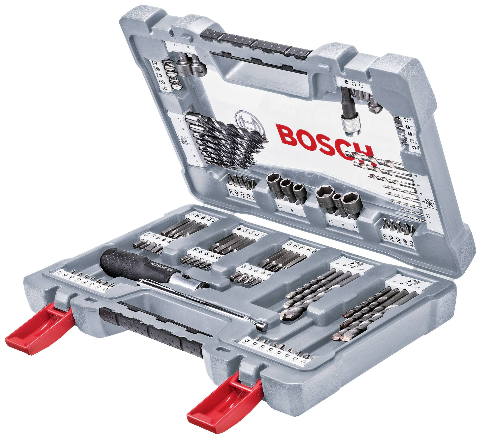 Valigetta degli attrezzi Bosch con diversi inserti per forare e avvitare. Contiene bit, punte da trapano e chiavi a bussola.