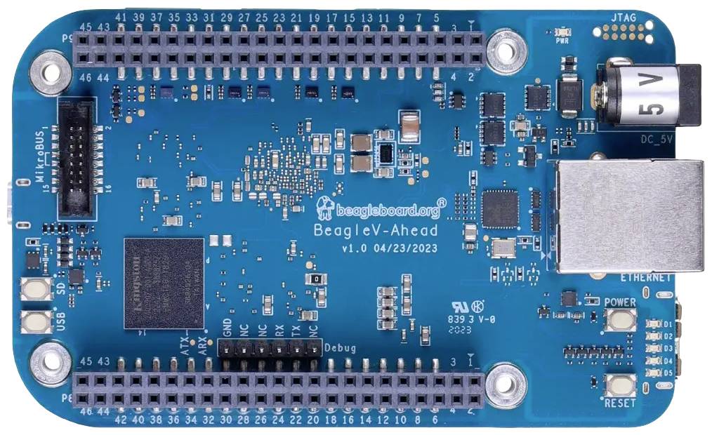 Scheda micropprocessore 'BeagleV-Ahead' con vari connettori e componenti, adatta per progetti elettronici.