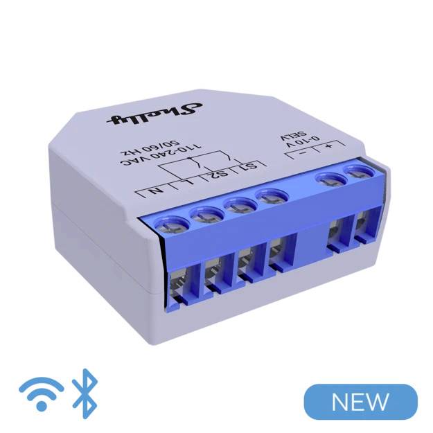 Dispositivo elettronico bianco con striscia di connessione blu, utilizzato per tecnologie di controllo e connettività, supporta Wi-Fi e Bluetooth.