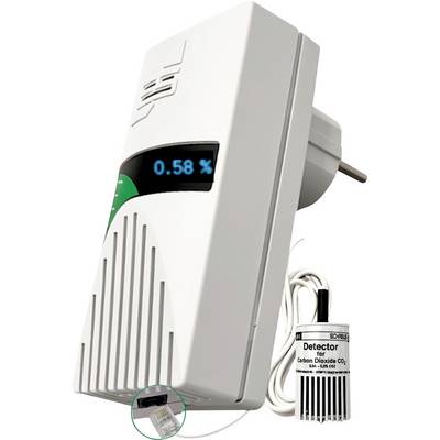 Rilevatore di anidride carbonica da inserire in presa con display digitale che legge lo 0,58%, mostrato con il suo sensore e cavo collegati.