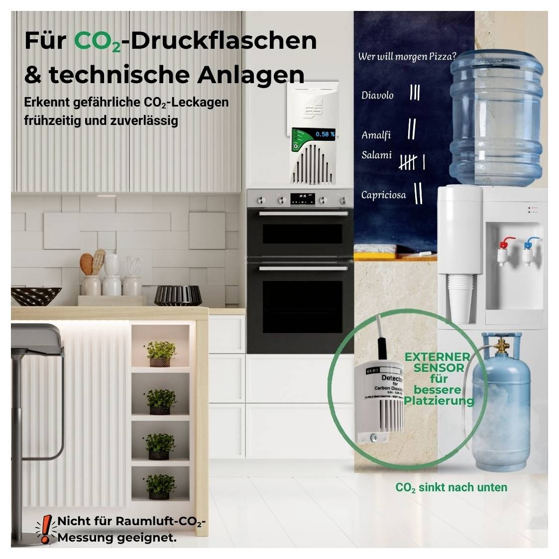Dispositivo di allarme GX-D3 per il monitoraggio del diossido di carbonio in impianti tecnici. Contiene sensore, allarmi acustici e ottici, montabile. Prodotto in Germania.