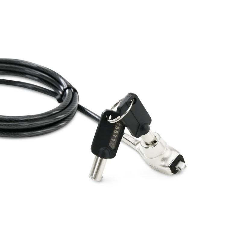Un lucchetto di sicurezza con un cavo a spirale e una chiave. Il lucchetto in metallo offre protezione antieffrazione per dispositivi elettronici.