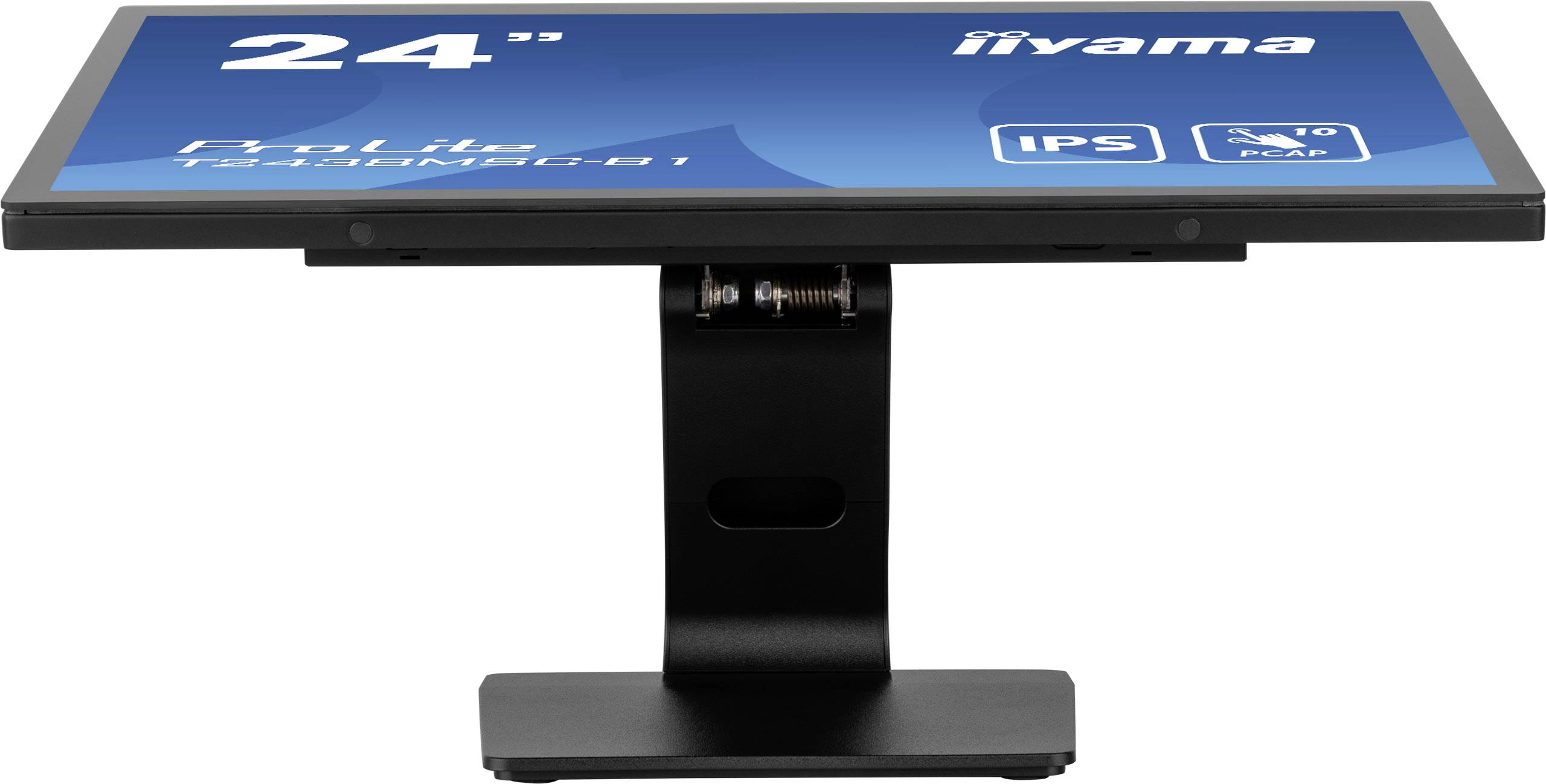 Monitor iiyama da 24 pollici, poggia su un supporto regolabile. Lo schermo mostra informazioni sulla tecnologia IPS e Flicker-Free.