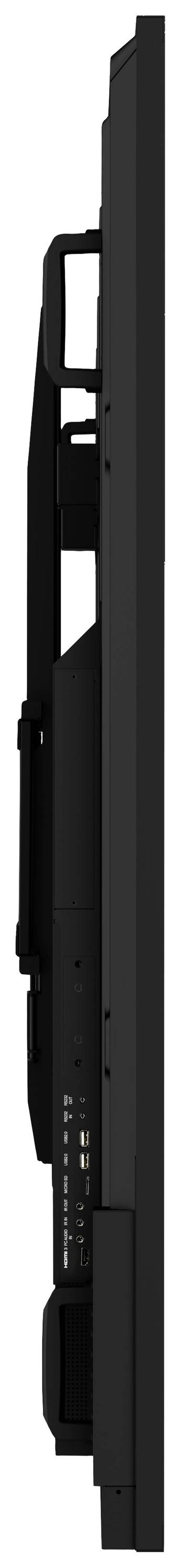 Vista laterale di un dispositivo elettronico nero e sottile con diverse porte di connessione e un sistema di montaggio integrato.