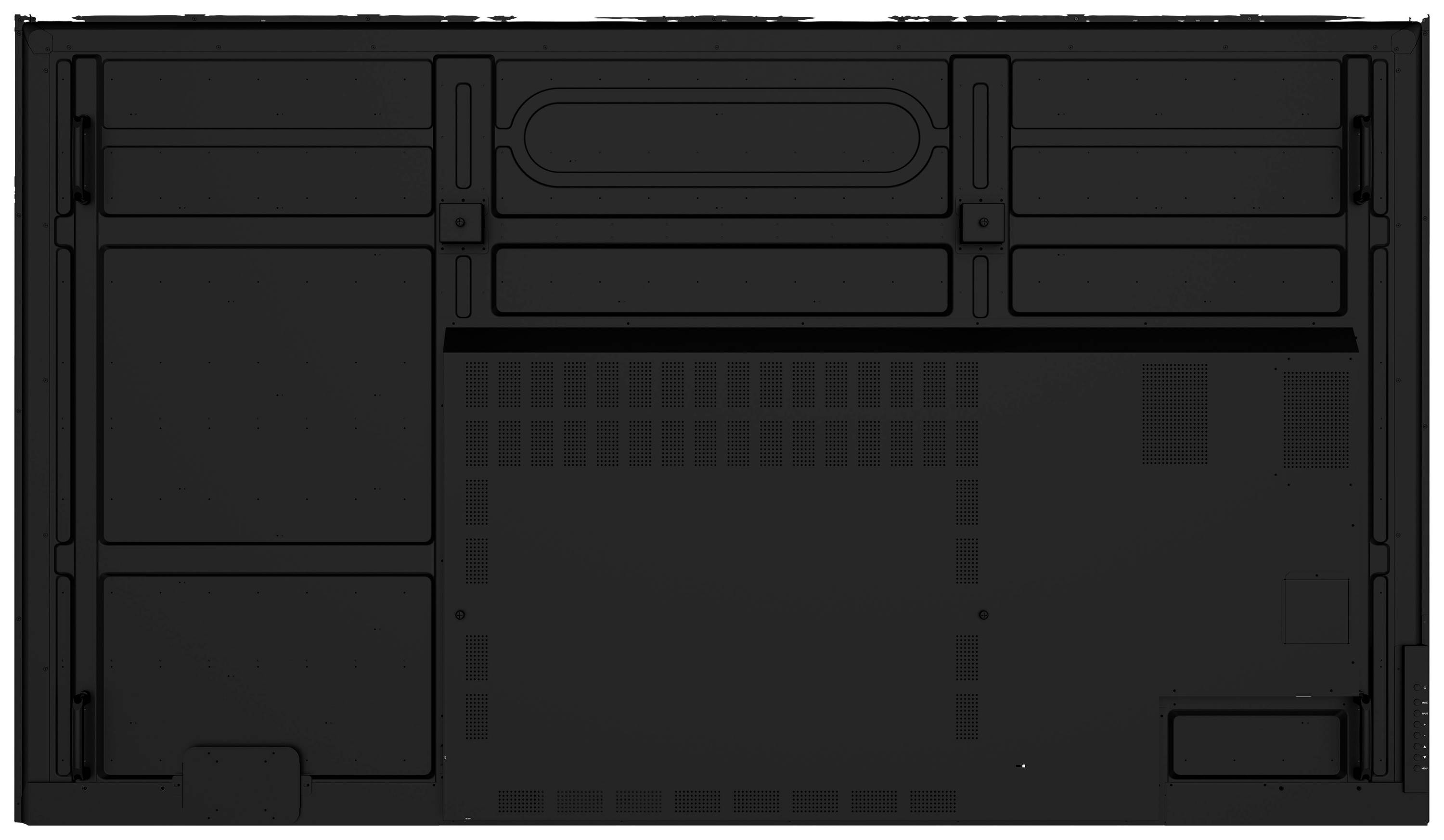 Vista posteriore di un dispositivo elettronico con tagli rettangolari e quadrati, idoneo per montaggio o manutenzione.