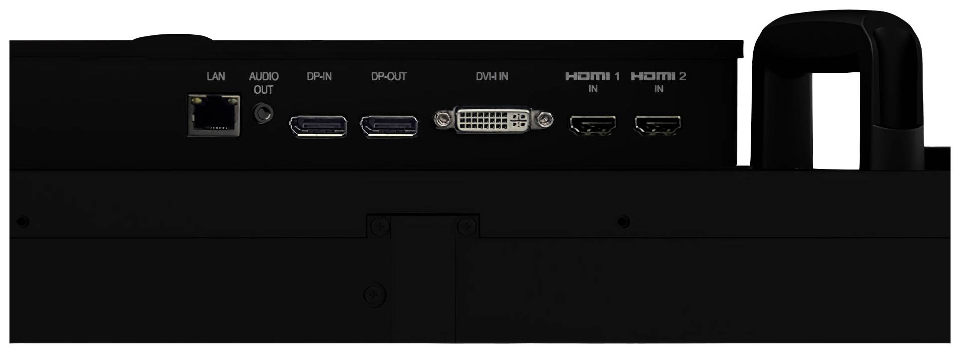 Il lato posteriore di un dispositivo nero mostra le porte per LAN, uscita audio, DVI, SPAN, DM-IN e HDMI 1 e 2.