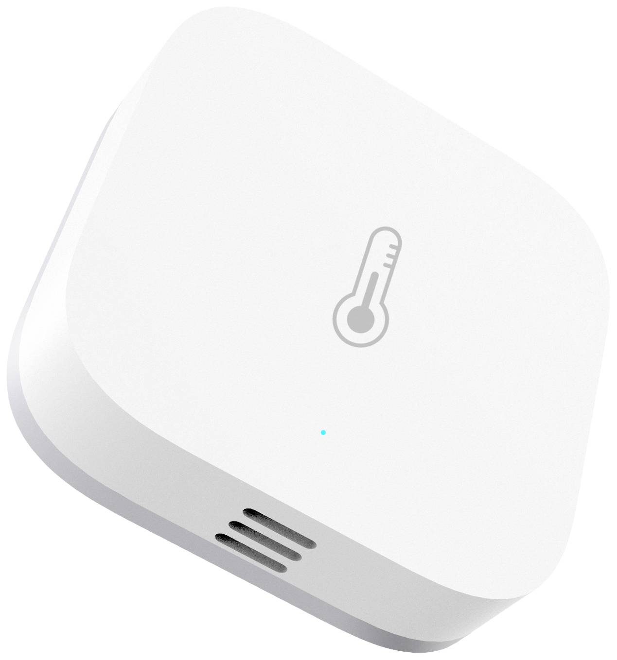 Un dispositivo bianco quadrato con un simbolo di termometro, probabilmente un sensore di temperatura o umidità.