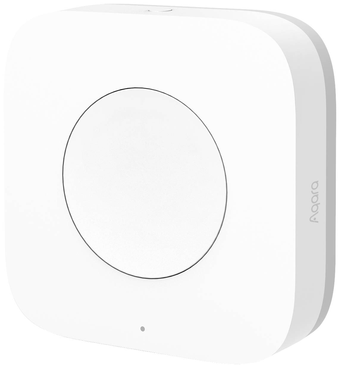 Un pulsante intelligente quadrato bianco di Aqara con un tasto rotondo al centro. Il lato frontale include una piccola luce LED.