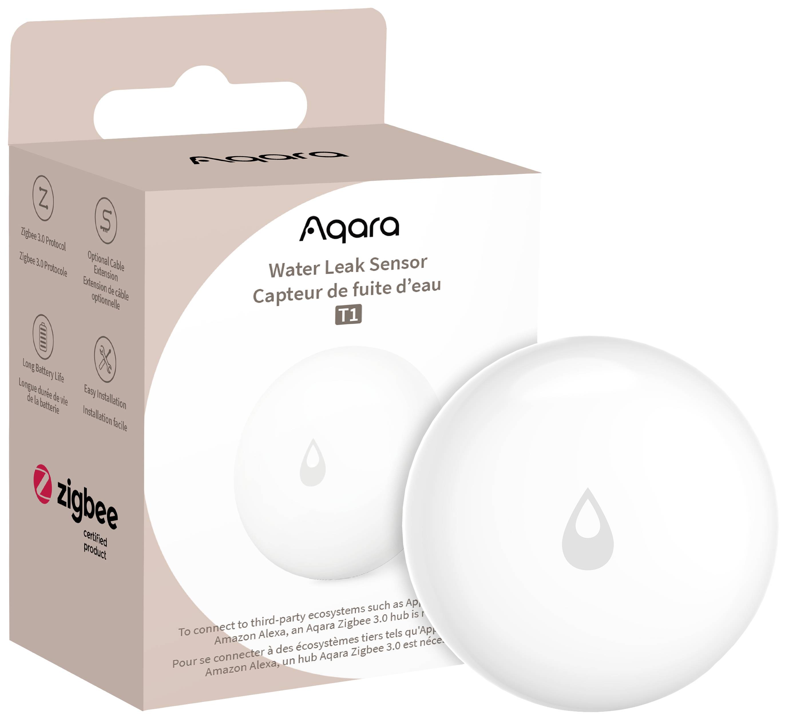 Confezione del sensore di rilevamento acqua con scritta 'Aqara Water Leak Sensor', compatibile con Zigbee, che mostra un sensore rotondo bianco con simbolo a goccia.