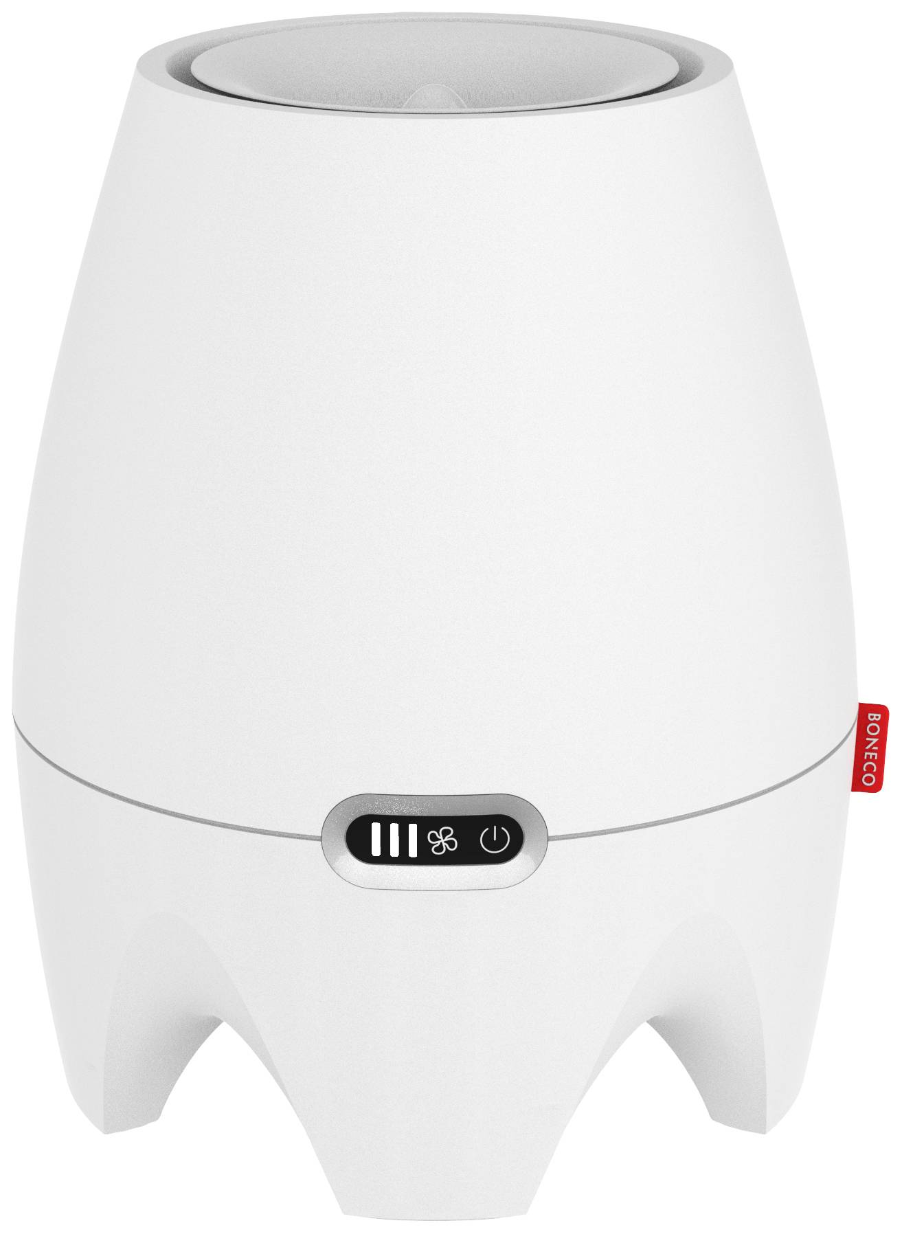 Un umidificatore bianco con gambe quadrate, superficie liscia e due pulsanti di controllo sul davanti.