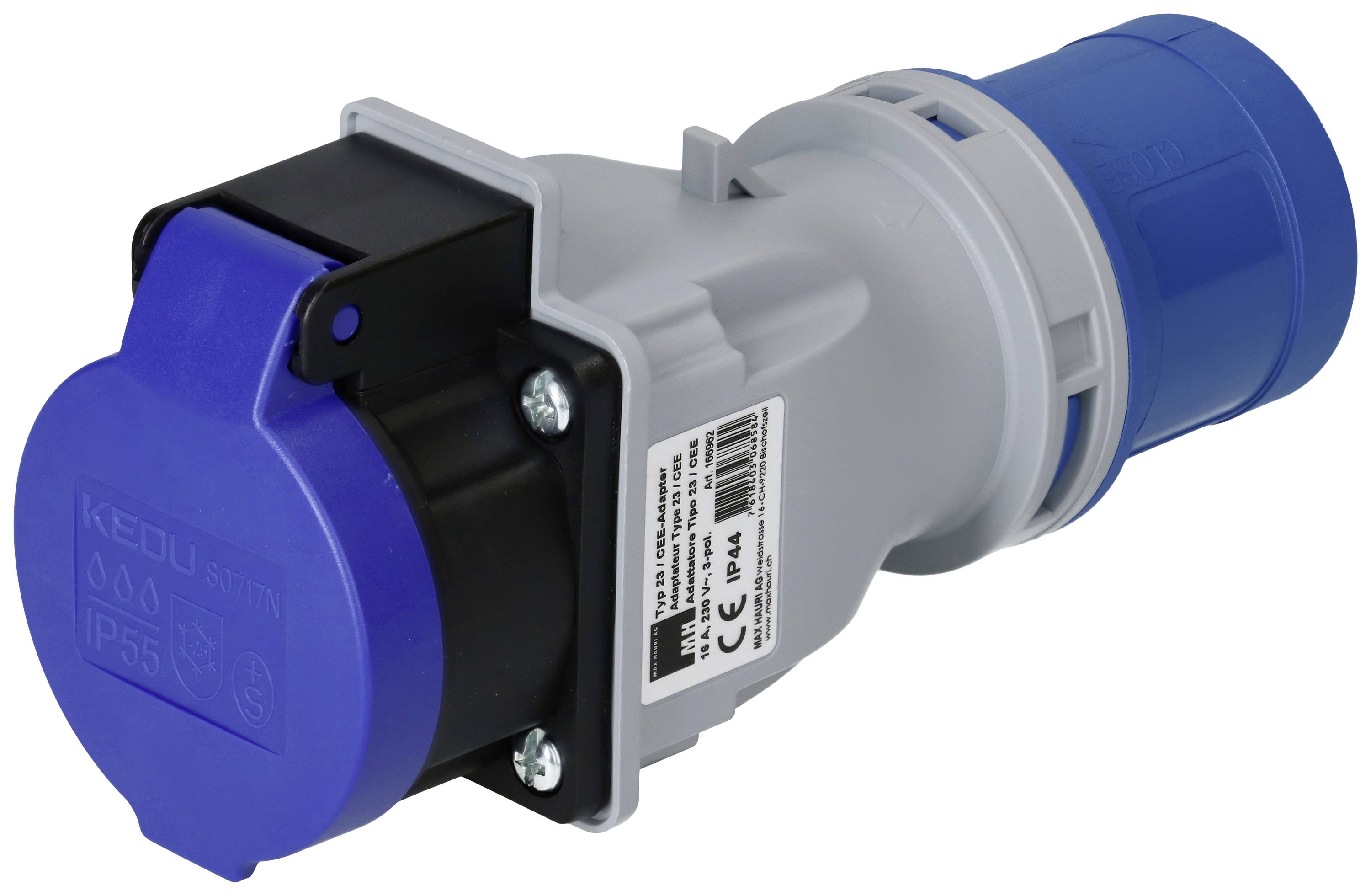 Un connettore CEE blu e grigio per corrente industriale, IP44, con marchio CE. Adatto per applicazioni elettriche impegnative.