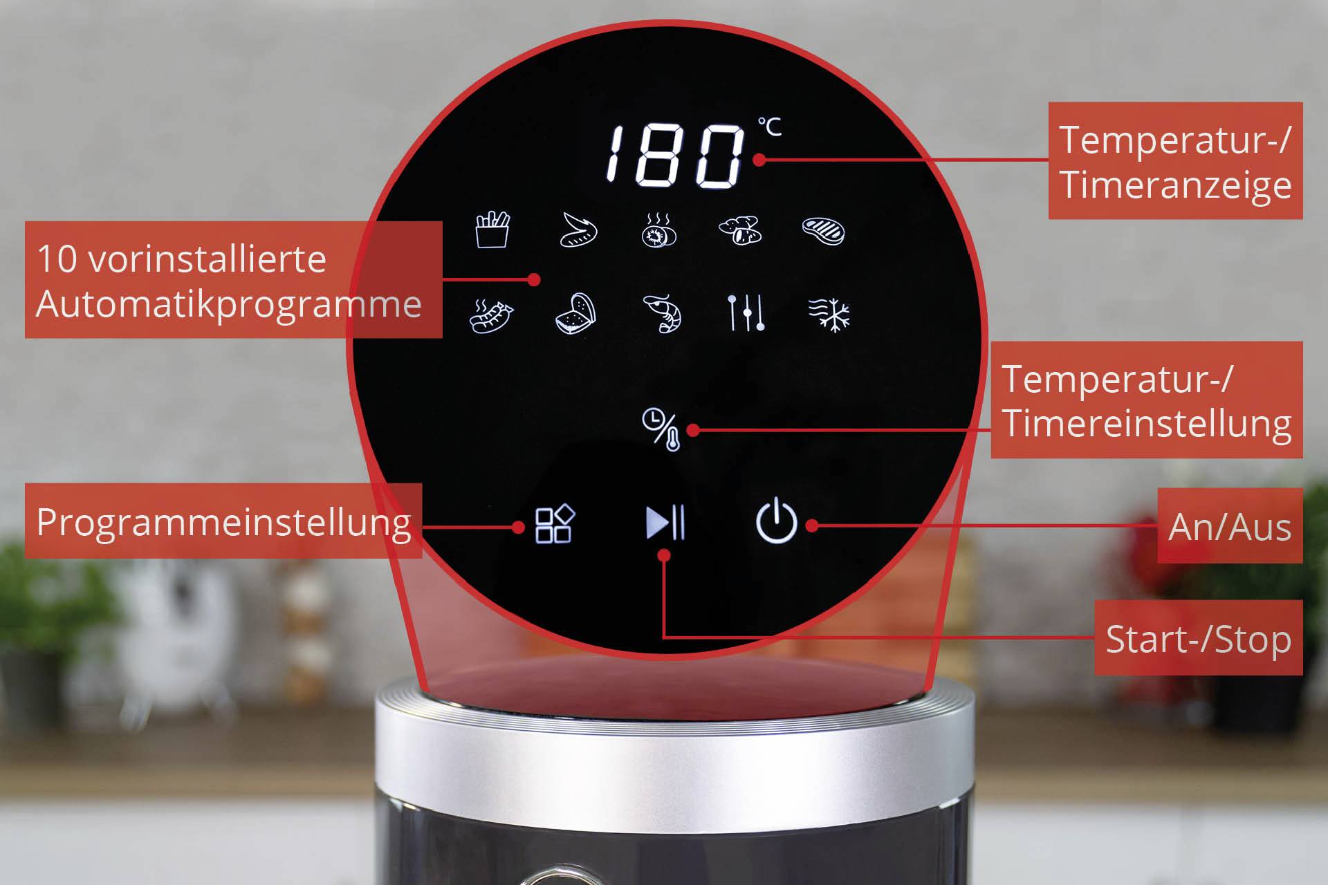 Dispositivo da cucina con display digitale. Display mostra '180°C'. Funzioni: 10 programmi automatici, impostazione temperatura e timer, accensione/spegnimento, avvio/stop.