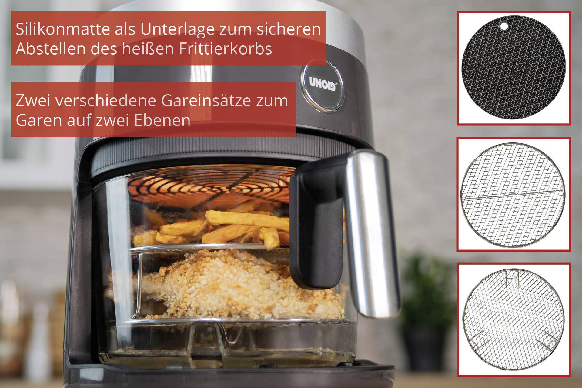 Primo piano di una friggitrice ad aria calda con pollo e patatine fritte. Il testo descrive un tappetino in silicone e inserti per cottura per una preparazione dei cibi sicura e pratica.