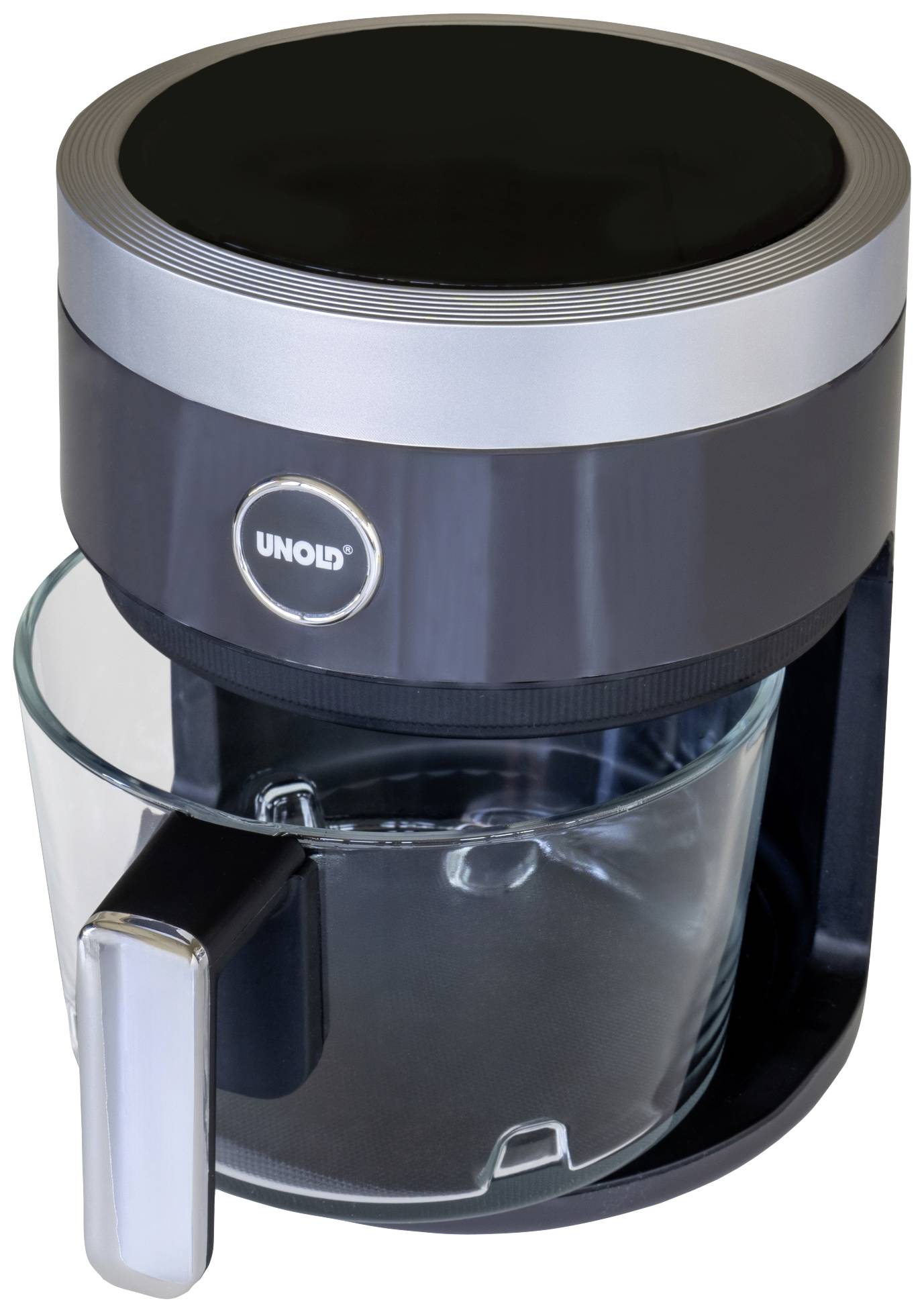 Una macchina da caffè elettrica nera e argento con caraffa in vetro. Marchio 'UNOLD' sulla parte anteriore.