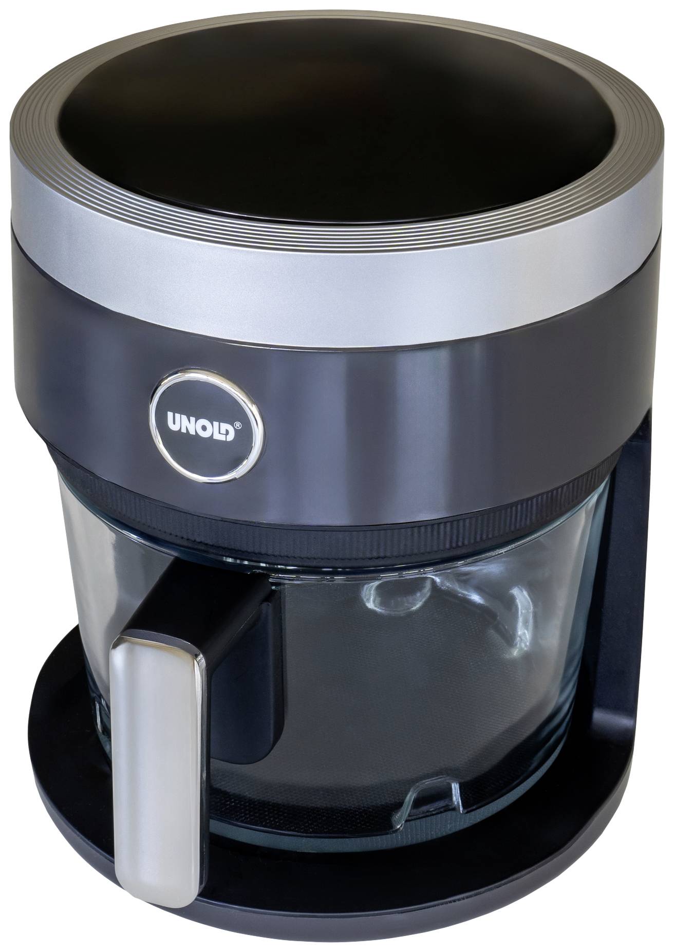 Macinacaffè elettrico con corpo nero e contenitore in vetro. Marchio 'Unold' visibile.