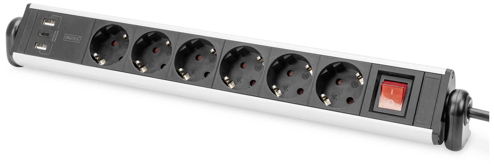 Multipresa a sei prese con porte USB e un interruttore rosso di accensione/spegnimento, adatta all'alimentazione contemporanea di più dispositivi.
