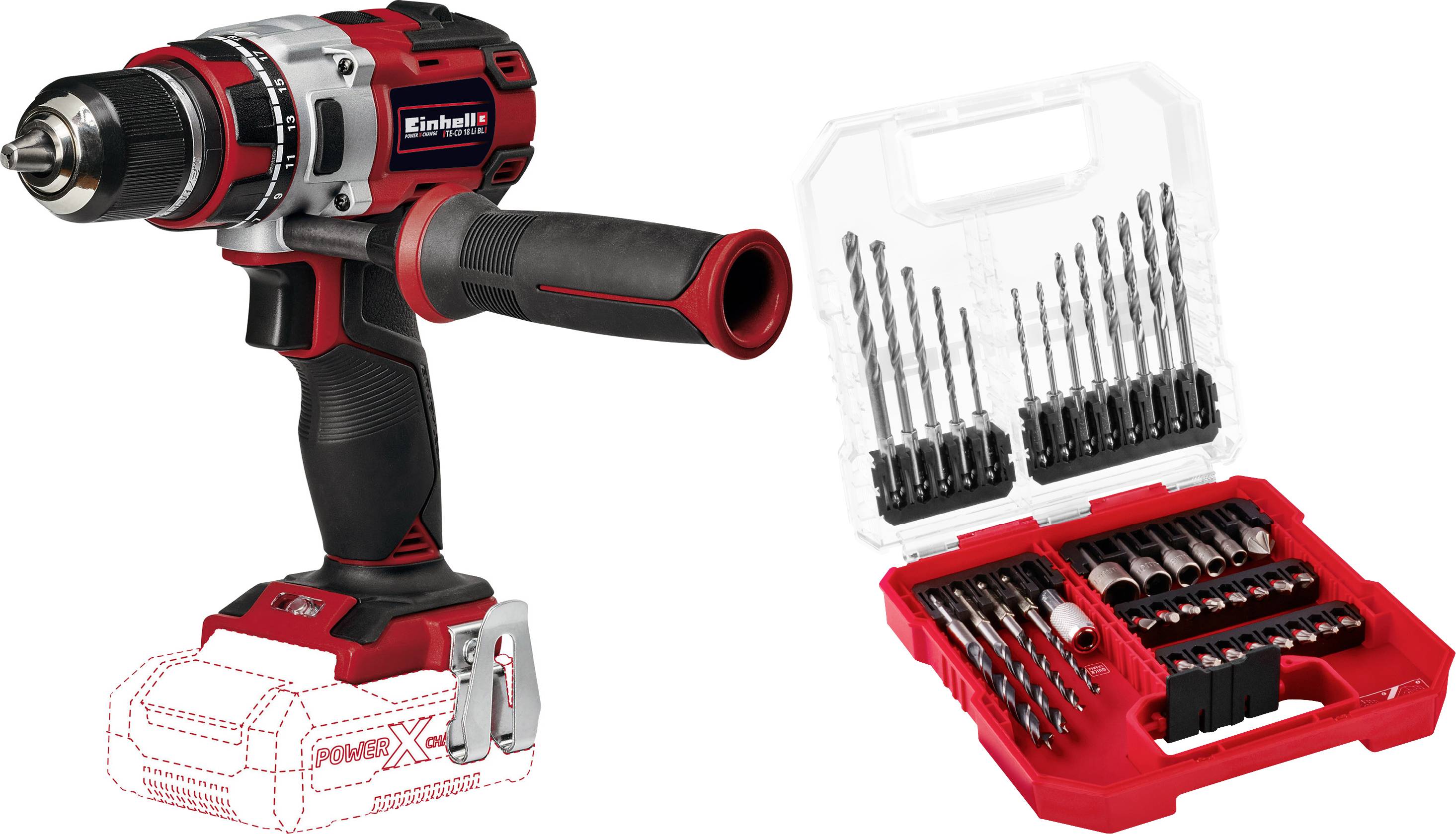 Einhell Li BL-Solo 1692587+2936803 Trapano avvitatore a batteria 18 V Li-Ion incl. 40 pz. Kit di inserti, senza caricatore, senza batteria