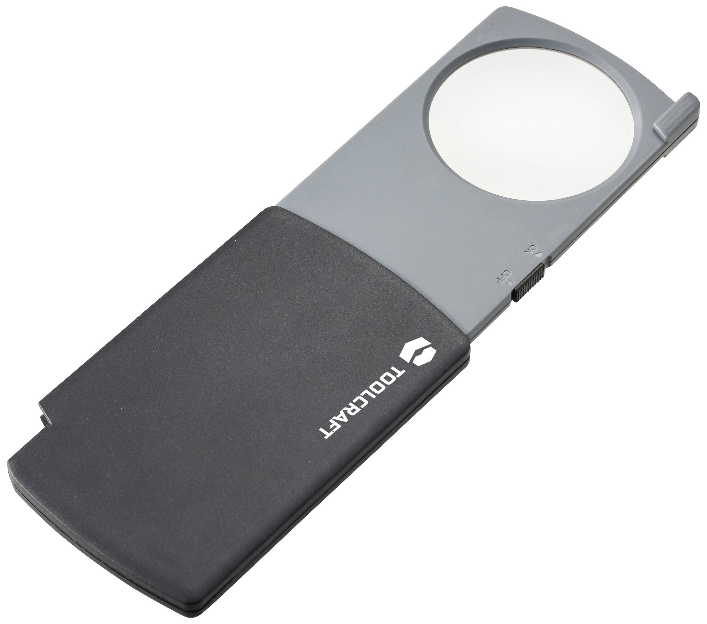 Lente d'ingrandimento portatile con luce LED, custodia allungata di colore nero e lente di ingrandimento trasparente; utile per ingrandimenti maneggevoli.