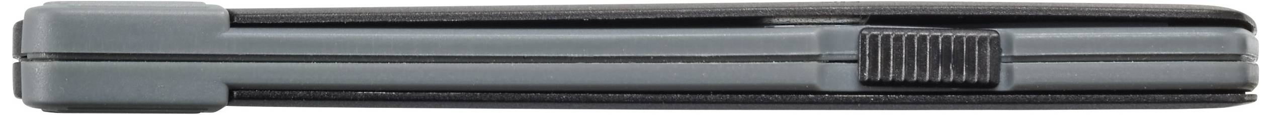 Un coltello tascabile chiuso, visto di lato, con custodia nero e grigia.