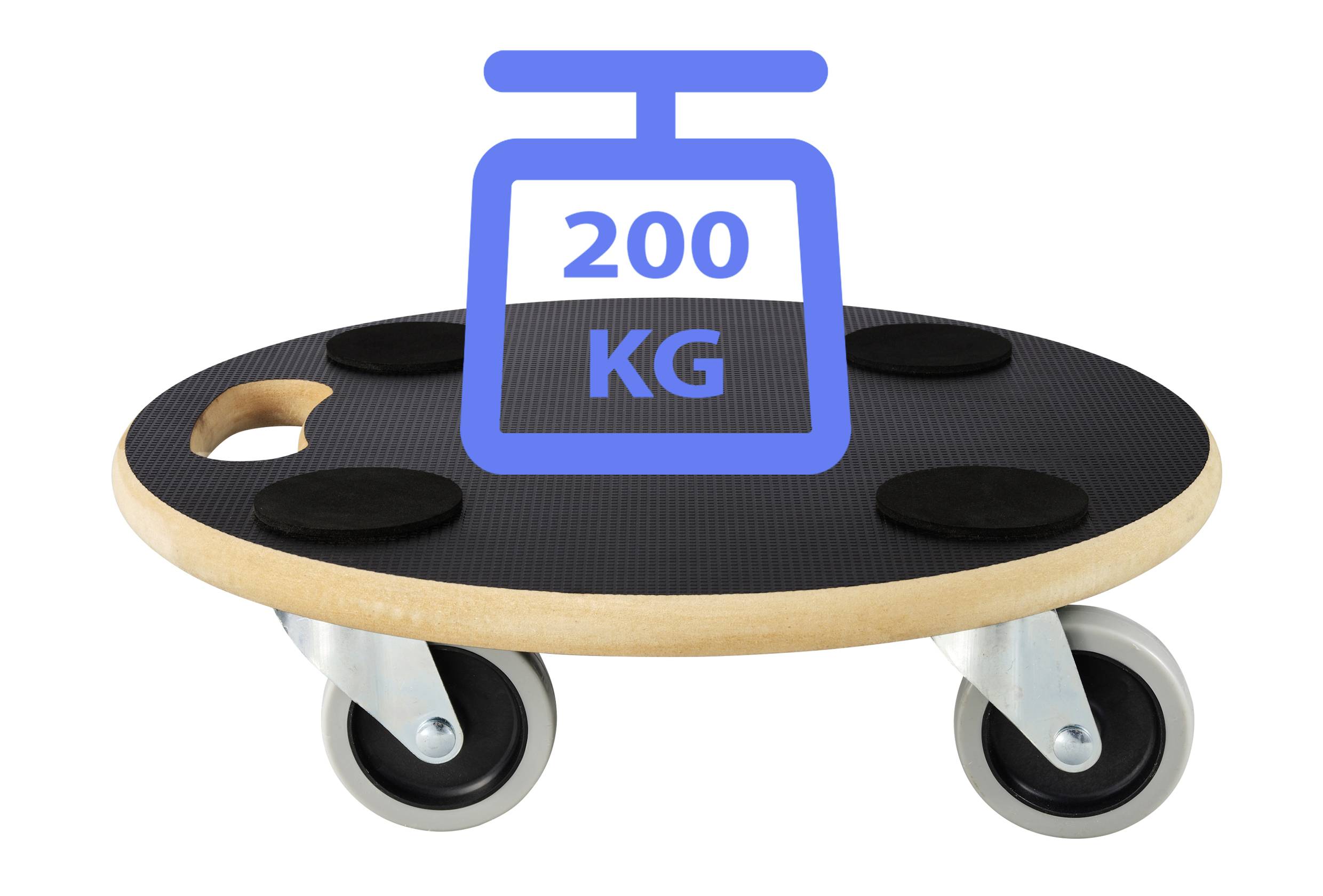 Carrello di trasporto rotondo con quattro ruote, caricabile fino a 200 kg. Ideale per spostare facilmente oggetti pesanti.