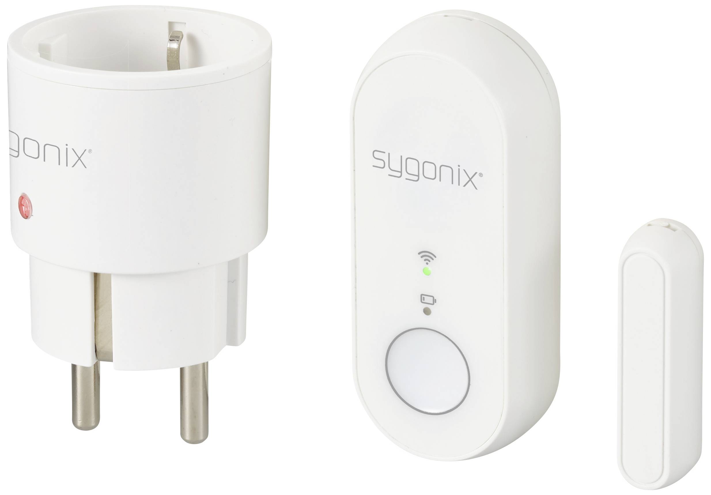 Presa elettrica, interruttore e sensore di un sistema domotico Sygnox. I componenti consentono il controllo remoto e l'automazione.