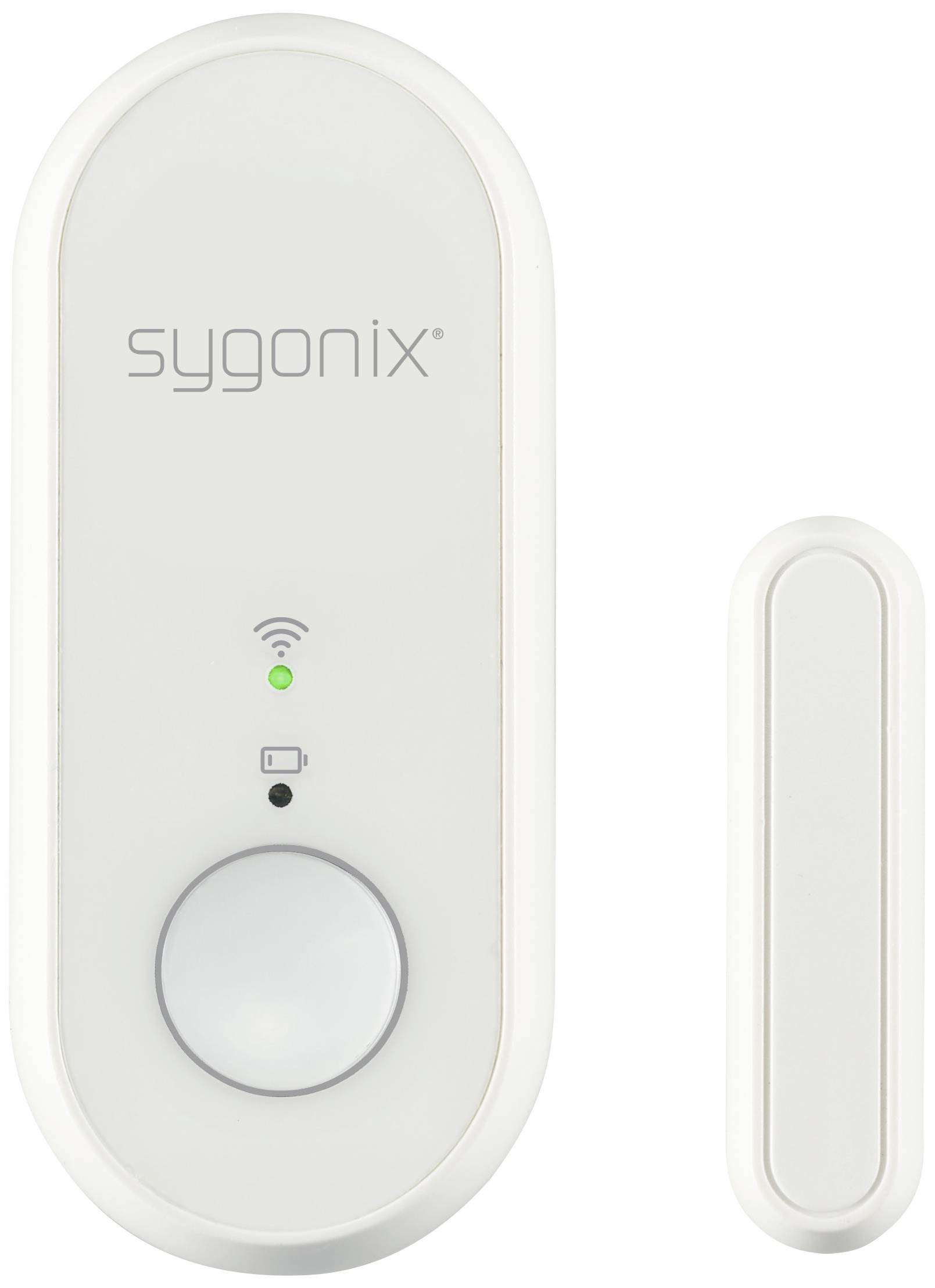 Set di campanelli con sensore wireless e ricevitore. Il dispositivo principale ha un grande pulsante, indicatori LED e la scritta 'sygonix'.
