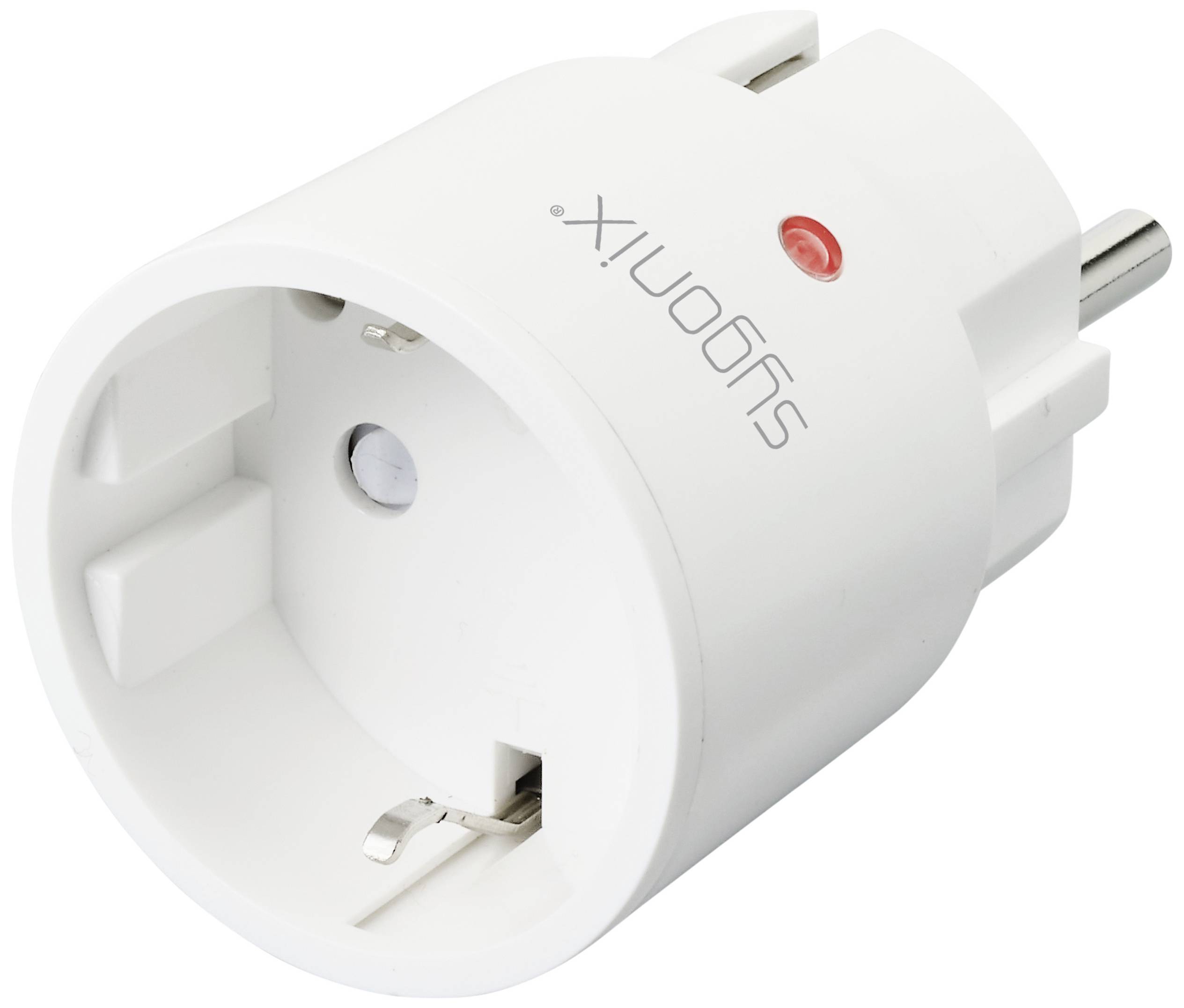 Una presa intelligente bianca con una piccola spia rossa, adatta per prese elettriche europee. La parte superiore presenta una tacca distintiva.