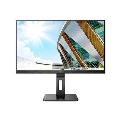 Un monitor computer moderno con cornice sottile mostra un motivo architettonico soleggiato con un edificio curvilineo e vetrato.