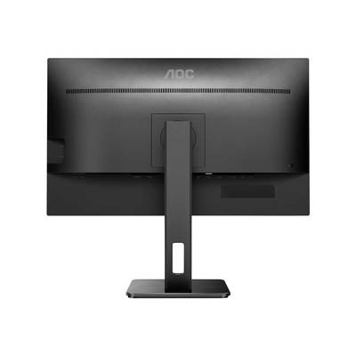 Un monitor nero visto da dietro, con il logo 'AOC' in alto. Il piedistallo è fissato centralmente sul retro.