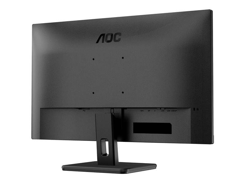 Un monitor nero AOC, vista posteriore. Lo schermo è poggiato su un piedistallo rettangolare, senza cavi visibili.