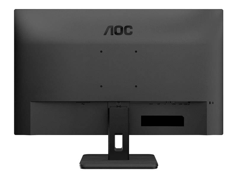 Retro di un monitor nero AOC, poggiato su un piedistallo rettangolare.