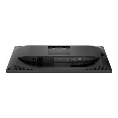 Veduta posteriore di un monitor per computer con diverse porte, tra cui HDMI, USB e alimentazione.