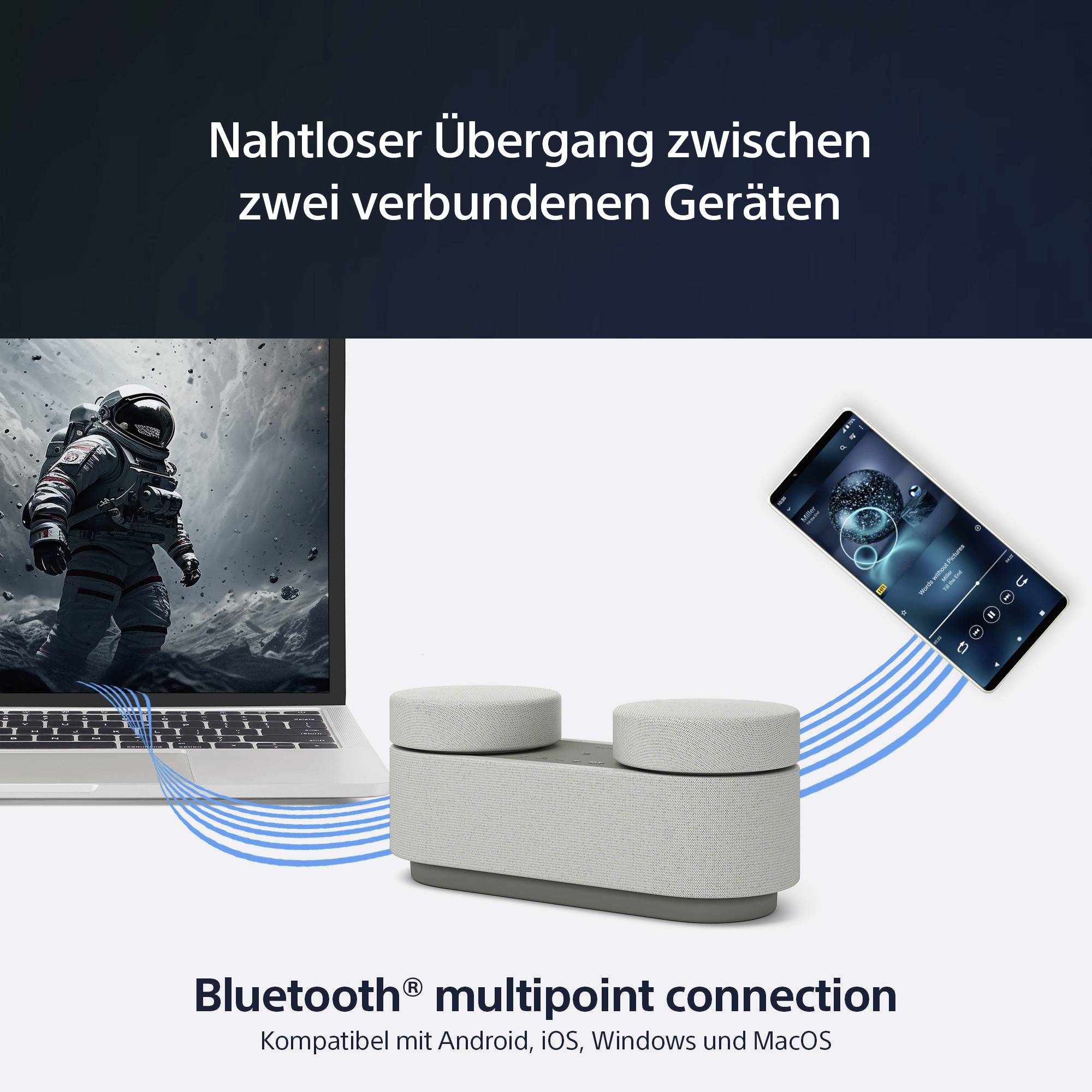 Un laptop e uno smartphone sono connessi a un dispositivo Bluetooth grigio. Testo in alto: 'Transizione senza soluzione di continuità tra due dispositivi connessi'.