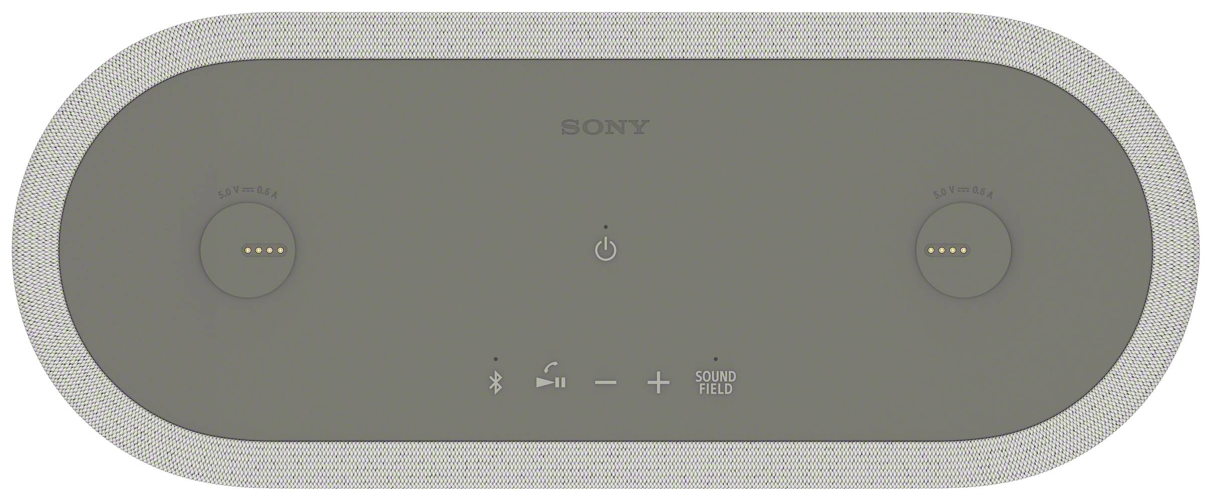 L'immagine mostra la parte superiore di un altoparlante Sony con interruttore di accensione/spegnimento, simboli Bluetooth e tasti per il volume e le impostazioni sonore.