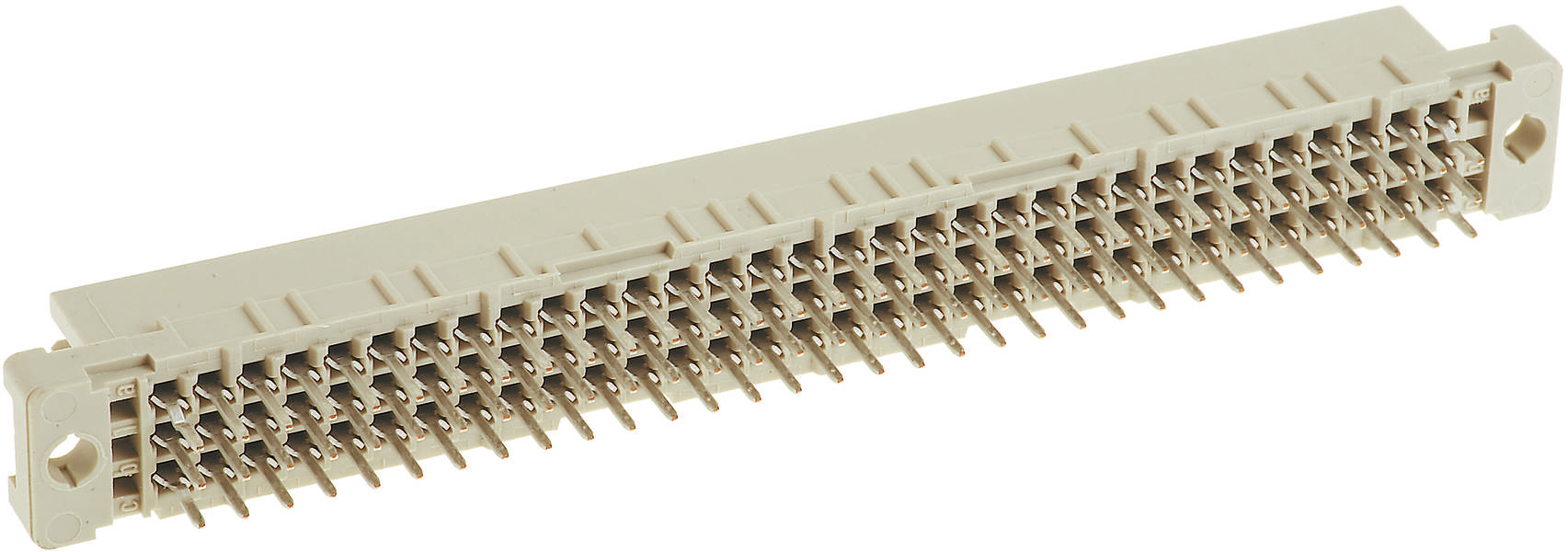 Un connettore a pin grigio con più file di pin, disposti in una forma rettangolare e allungata.
