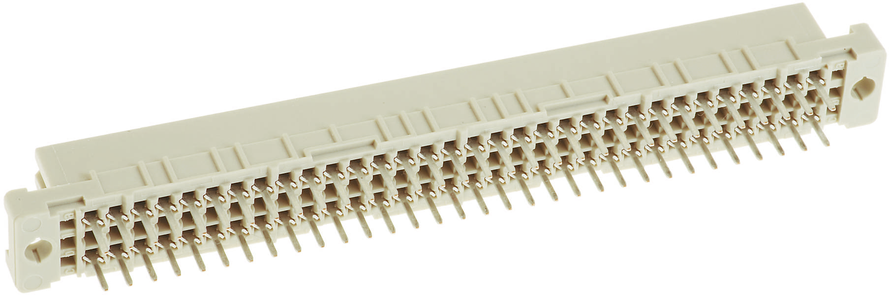 Un connettore beige con numerosi pin metallici, idoneo per circuiti elettronici.