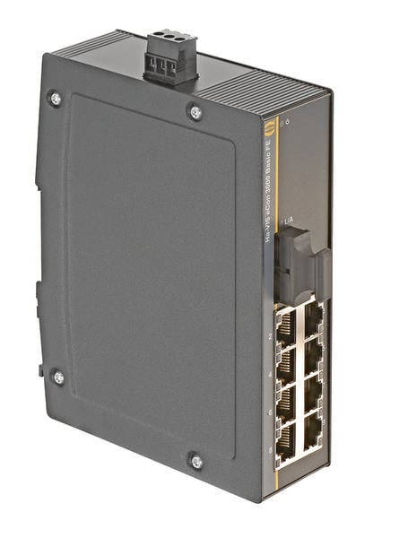 Un switch Ethernet con otto porte di rete, montato in un involucro industriale.