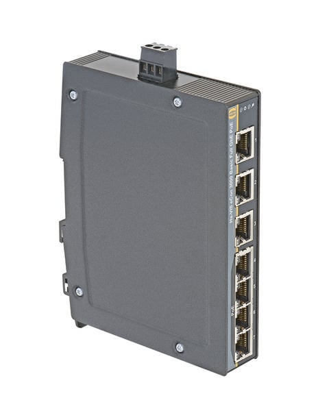 Un switch Ethernet industriale con più porte RJ-45, idoneo per la connessione in reti industriali.