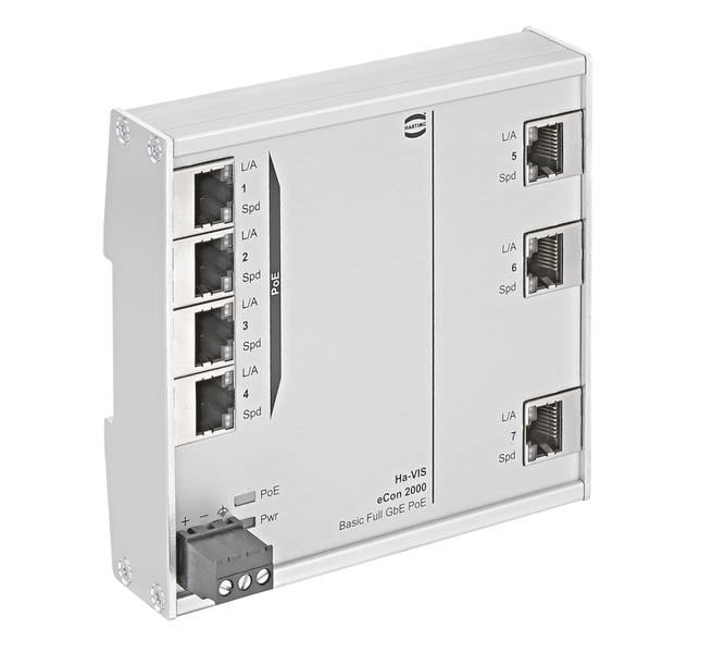 Un switch di rete bianco con più porte Ethernet, etichettato come 'Ha-VIS eCon 2000', offre Gigabit Ethernet e supporto PoE.