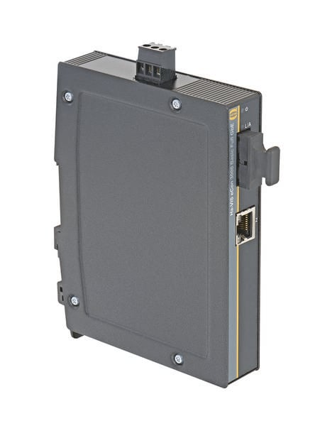 Un modulo nero, rettangolare con porta Ethernet e viti, presumibilmente un dispositivo di rete o un'unità di controllo industriale.