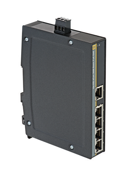 Un interruttore di rete nero con quattro porte Ethernet e un morsetto di alimentazione superiore, montato a parete.