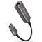 Adattatore USB-Ethernet in argento con incisione 'Axagon' marcata, mostra la spina USB e la porta Ethernet su un cavo grigio.