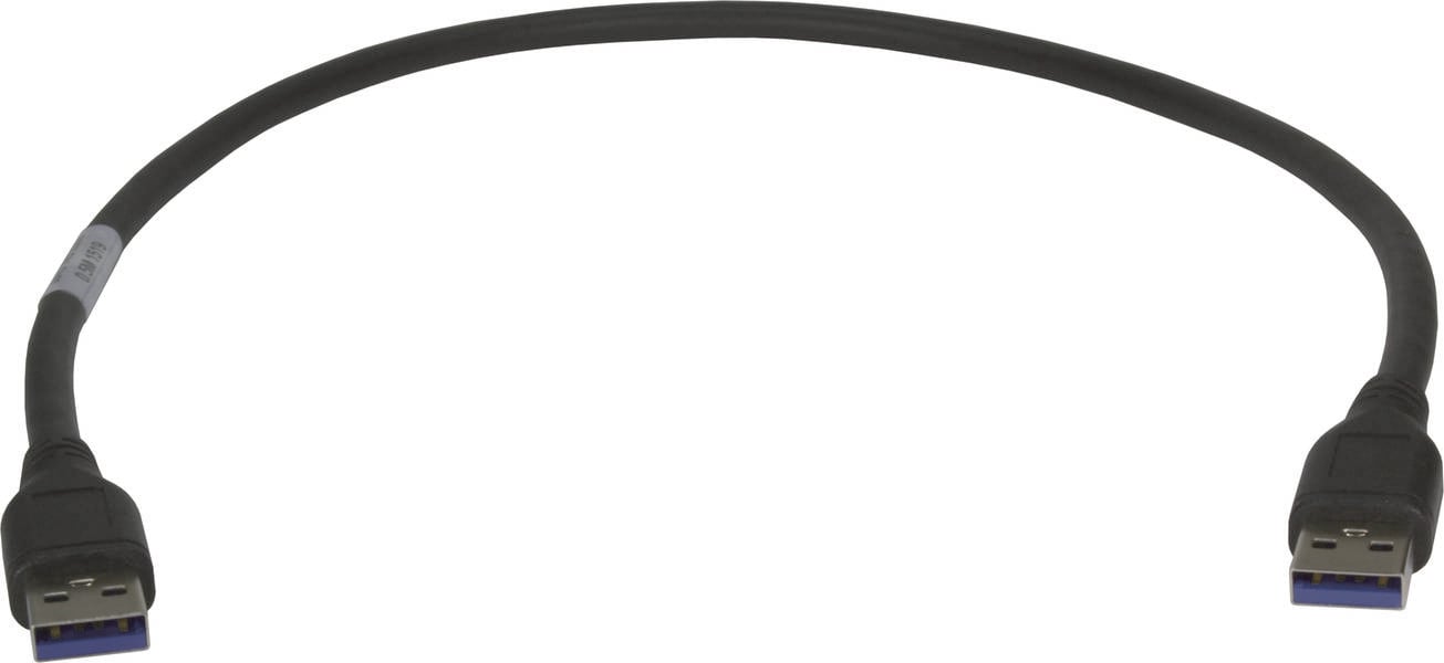 Un cavo USB nero con due connettori USB blu alle estremità, adatto per il trasferimento dati o per collegare dispositivi.