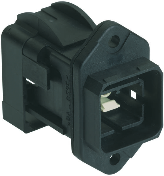 Connettore elettrico nero di forma rettangolare con due fori di fissaggio sui lati per il montaggio.