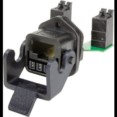Connettore elettronico con due prese e supporto in plastica nera, montato su una piccola scheda elettronica.