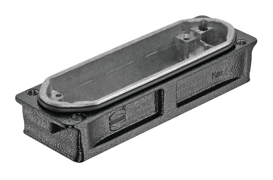 Involucro metallico, rettangolare, con angoli arrotondati e fori per viti, per l'alloggiamento di componenti elettronici.