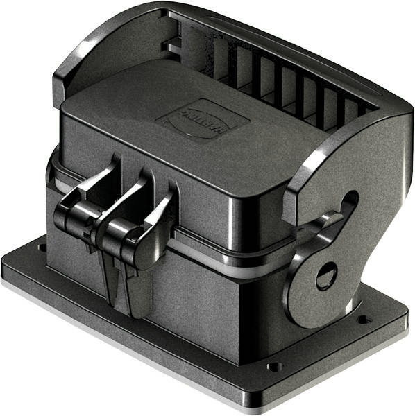 Un involucro nero per connettore elettrico in plastica con base rettangolare e due leve metalliche sulla parte anteriore.