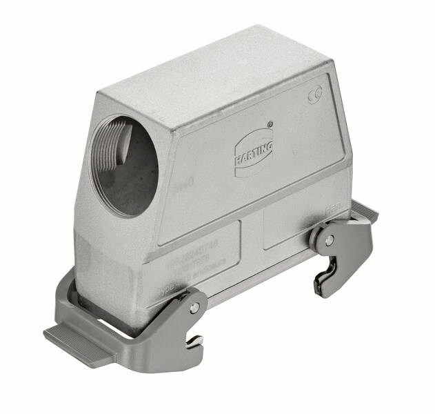 Contenitore metallico rettangolare con apertura laterale e due clip. Utilizzato per connettori elettrici.
